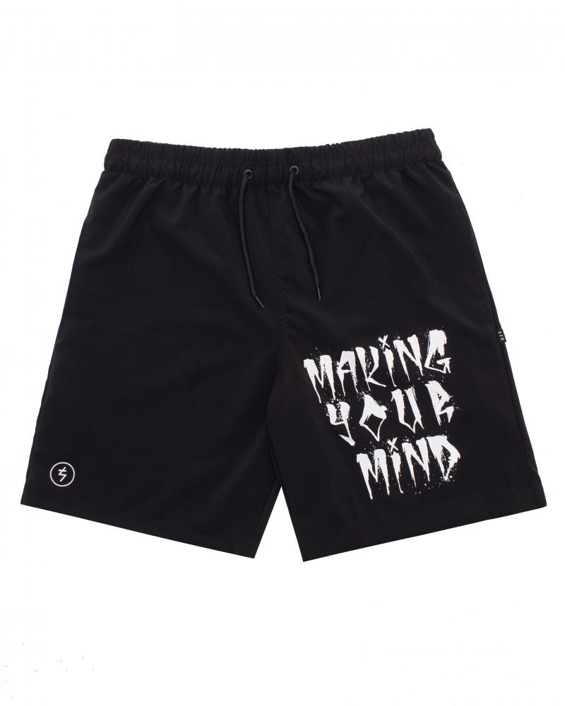 Shorts Stranger Tactel Making Your Mind Preto Branco Bermudas