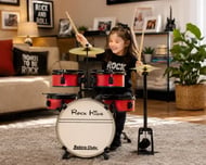 Bateria Infantil RMV Rock Kids Vermelha completa com pratos, banco, máquina de chimbal e baquetas