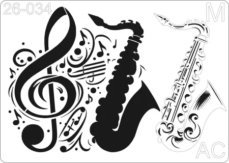 Stencil Saxofone alto, instrumento musical, notas musicais  26-034
