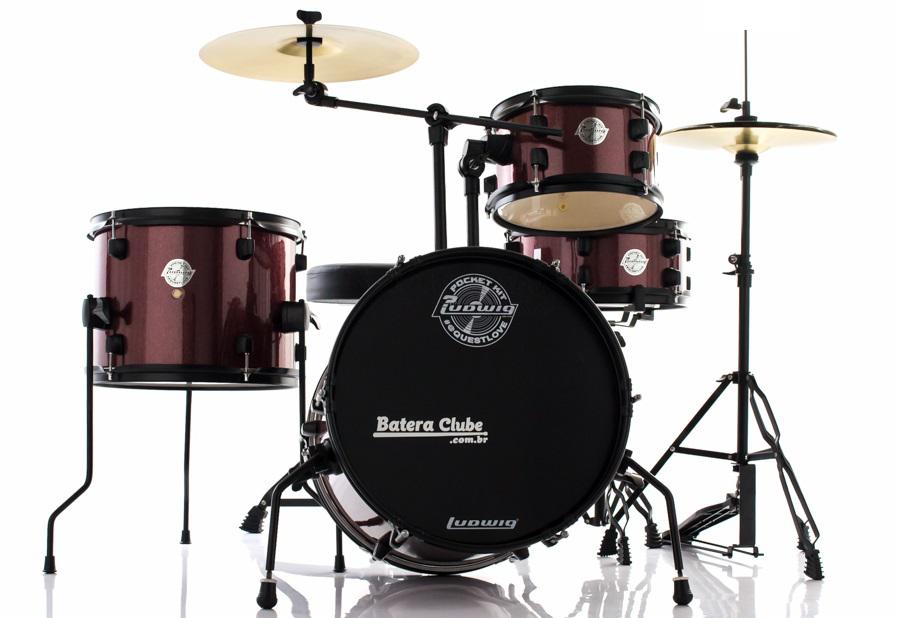 Bateria Ludwig Pocket Kit by Questlove Signature Red Sparkle Compacta com Ferragens e Pratos