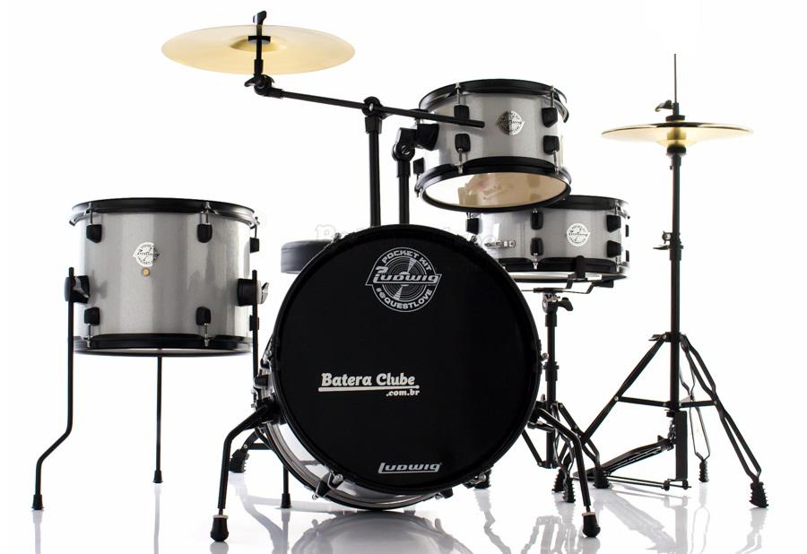 Bateria Ludwig Pocket Kit by Questlove Signature Silver Sparkle Compacta com Ferragens e Pratos