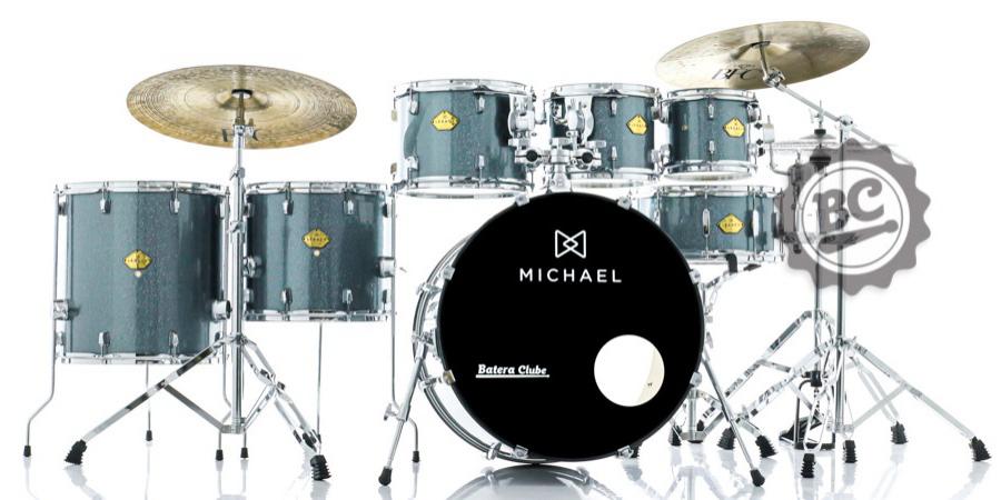 Bateria Michael Legacy Sparkle Marine SMB 22",8",10",12",14",16" Ferragens Duplas, 2 Estantes, Banco