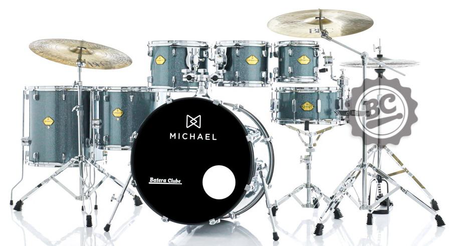 Bateria Michael Legacy Sparkle Marine SMB 20",8",10",12",14",16" Ferragens Duplas, 2 Estantes, Banco