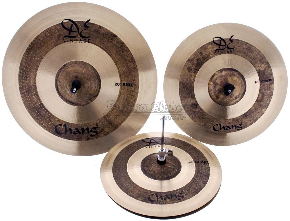 Kit de Pratos Chang Cymbals DE Vintage Bronze B20 com Crash 16", Chimbal 14", Ride 20" e Bag