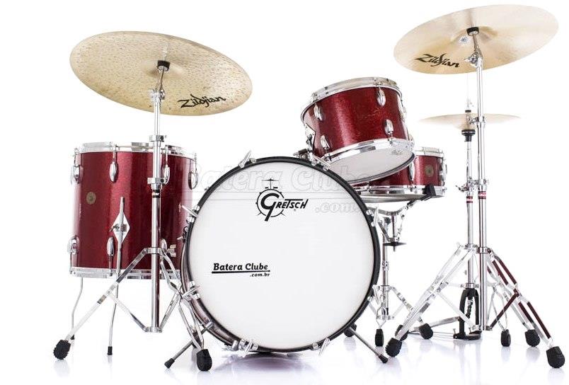 Bateria Gretsch Round Badge Vintage de 1966 Red Sparkle com Bumbo 20", Tom 12", Surdo 16" e Caixa