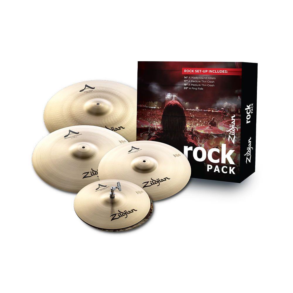 Kit de Pratos Zildjian Rock A Series A0801R com Crashes 17" e 19", Ride 20", Chimbal 14"