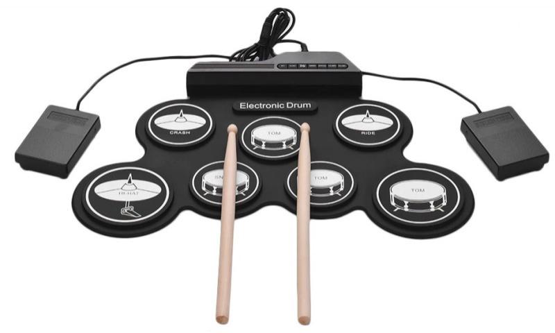 Bateria Eletrônica Portátil Muslady G3002J Roll-Up com 7 Pads e 2 Pedais para Crianças ou Adultos