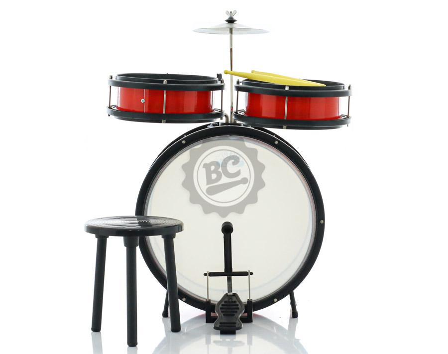 Bateria Infantil Custom Kids Vermelha CDKM3 com 3 tambores, prato, pedal, banco e pronta pra tocar