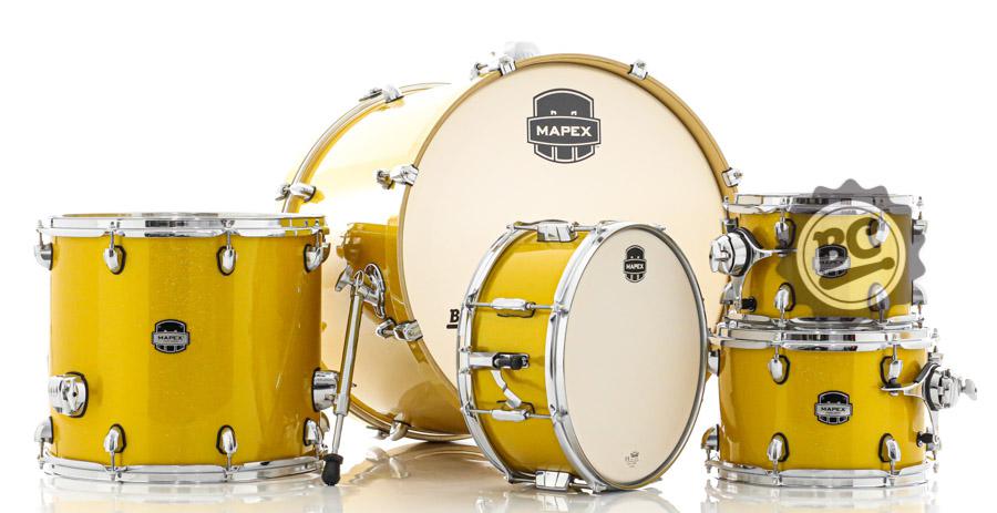 Bateria Mapex Mars Birch Sunflower Sparkle 22",10",12",16" (Shell Pack), Caixa 14x6,5" MA529SF
