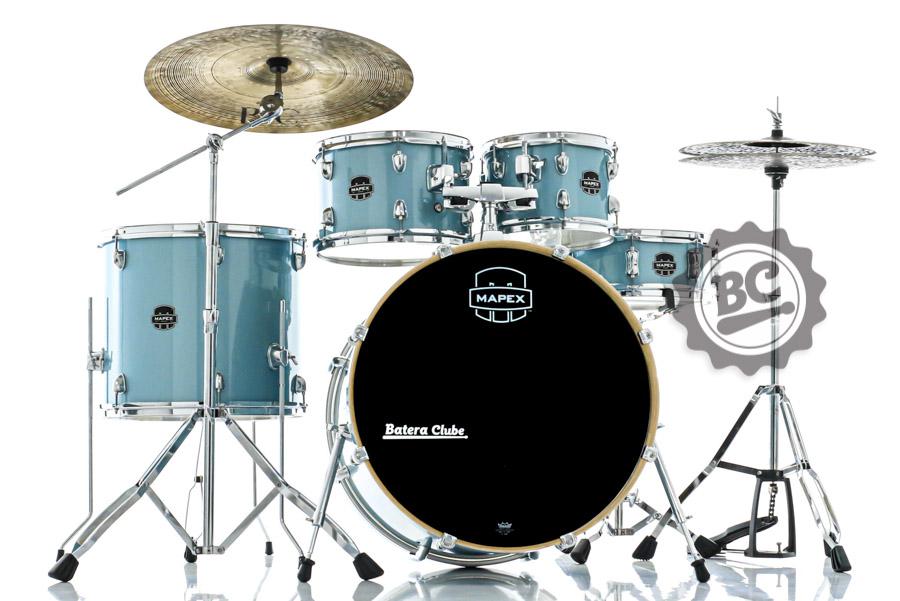 Bateria Mapex New Venus Series Aqua Blue Sparkle 22",10",12",16" com Ferragens, Banco e Peles Remo
