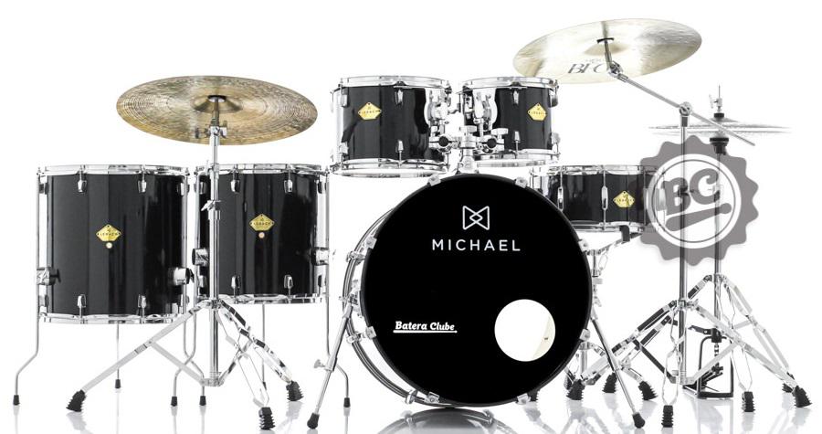 Bateria Michael Legacy Sparkle Black SBK 22",10",12",14",16" c/ Ferragens Duplas, 2 Estantes e Banco