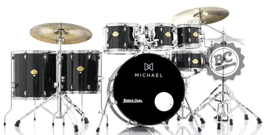 Bateria Michael Legacy Sparkle Black SBK 22",8",10",12",14",16" Ferragens Duplas, 2 Estantes e Banco