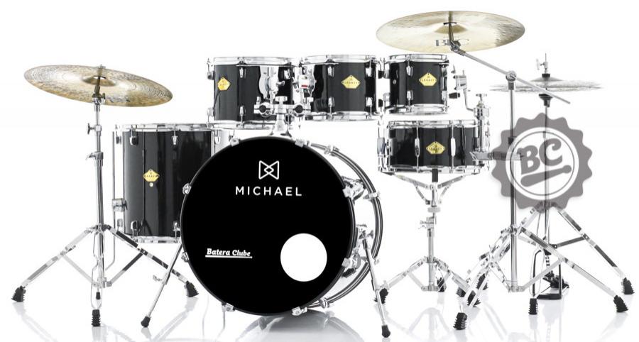 Bateria Michael Legacy Sparkle Black SBK 22",8",10",12",16" com Ferragens Duplas, 2 Estantes e Banco