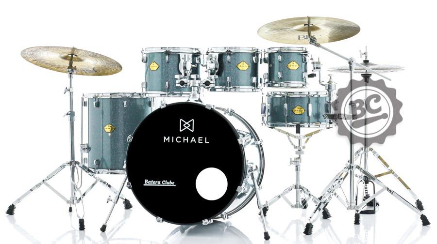 Bateria Michael Legacy Sparkle Marine SMB 20",8",10",12",14" com Ferragens Duplas, 2 Estantes, Banco