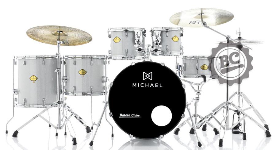 Bateria Michael Legacy Sparkle Silver SSR 22",10",12",14",16" c/ Ferragens Duplas, 2 Estantes, Banco