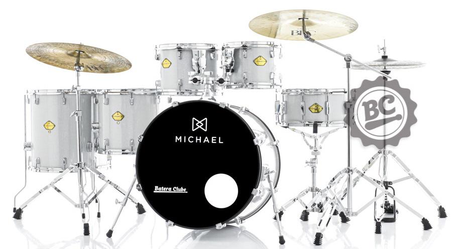 Bateria Michael Legacy Sparkle Silver SSR 20",10",12",14",16" c/ Ferragens Duplas, 2 Estantes, Banco
