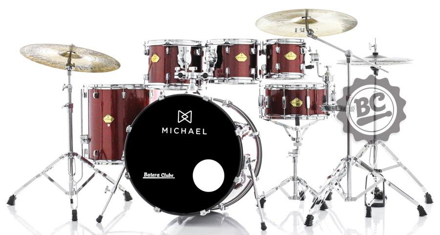 Bateria Michael Legacy Sparkle Wine SWR 22",8",10",12",16" com Ferragens Duplas, 2 Estantes, Banco