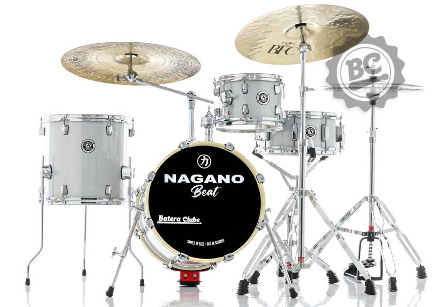 Bateria Nagano Beat Silver Sparkle com Bumbo 16" c/ elevador, Kit Ferragens com Banco e Peles Duplas