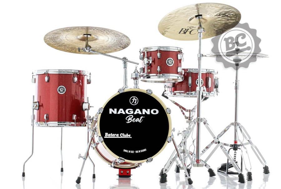 Bateria Nagano Beat Wine Sparkle com Bumbo 16" com elevador, Kit Ferragens com Banco e Peles Duplas