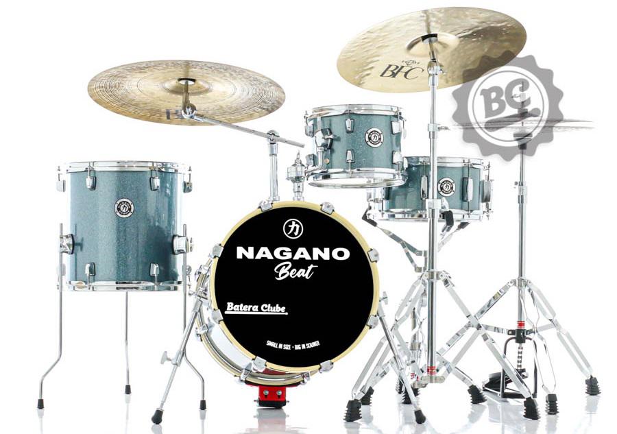 Bateria Nagano Beat Ocean Sparkle com Bumbo 16" com elevador, Kit Ferragens com Banco e Peles Duplas