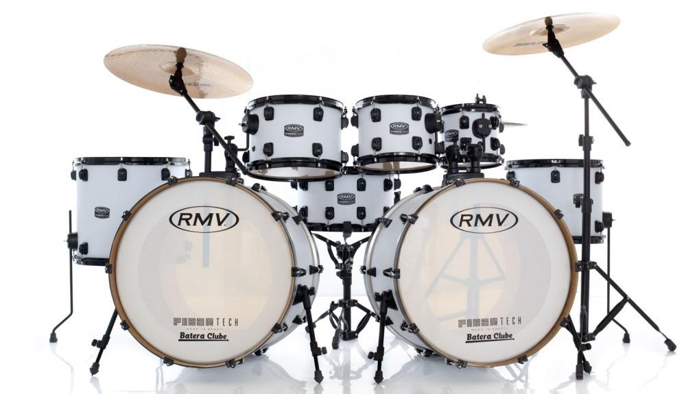 Bateria RMV FiberTech Bumbo Duplo Branca com 3 Tons, 2 Surdos, 2 Bumbos, Caixa 14x8" e Ferragens