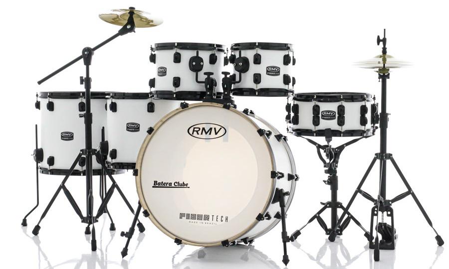 Bateria RMV FiberTech Silky Branca 20",10",12",14",16" com Pratos, Baquetas e Ferragens (Exclusiva)