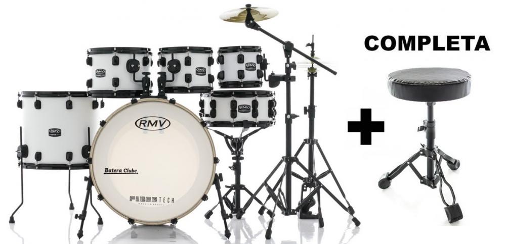 Bateria RMV FiberTech Silky Branca 22",8",10",12",16" com Banco, Pratos e Ferragens (Exclusiva)