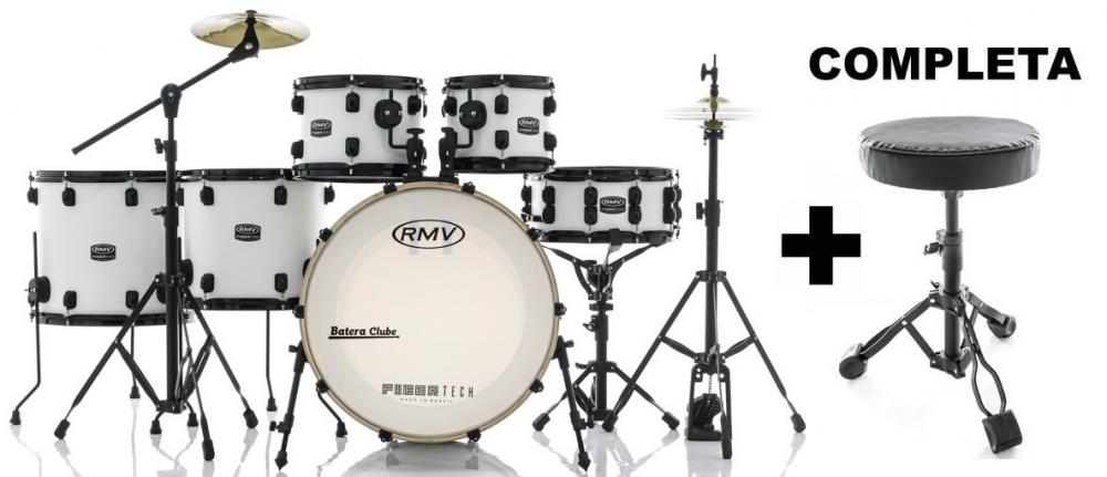 Bateria RMV FiberTech Silky Branca 20",10",12",14",16" com Banco, Pratos e Ferragens (Exclusiva)