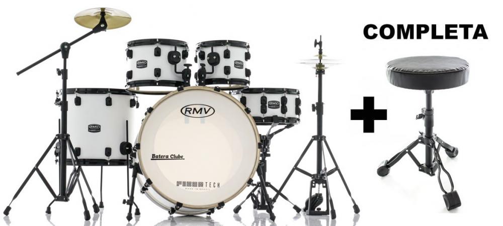 Bateria RMV FiberTech Silky Branca 22",10",12",16" com Banco, Pratos e Ferragens (Exclusiva)