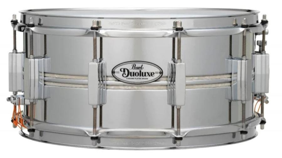 Caixa Pearl Duoluxe Jupiter Alloy Chrome Brass Shell 14x6,5" Nicotine White Marine Inlays e Aros SuperHoop II