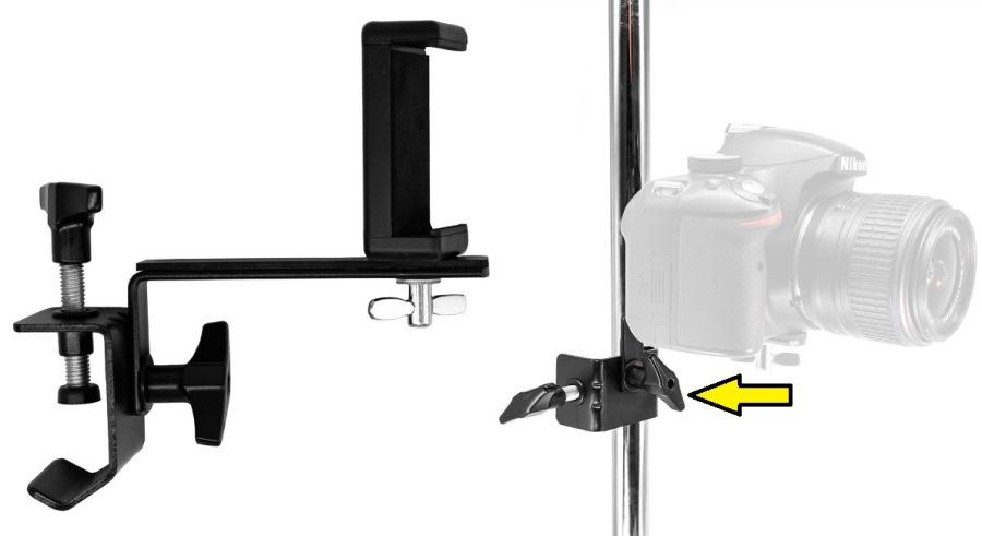 Suporte Clamp pra Câmera Torelli TSC74 para fixar câmera e celular em pedestais e gravar vídeos