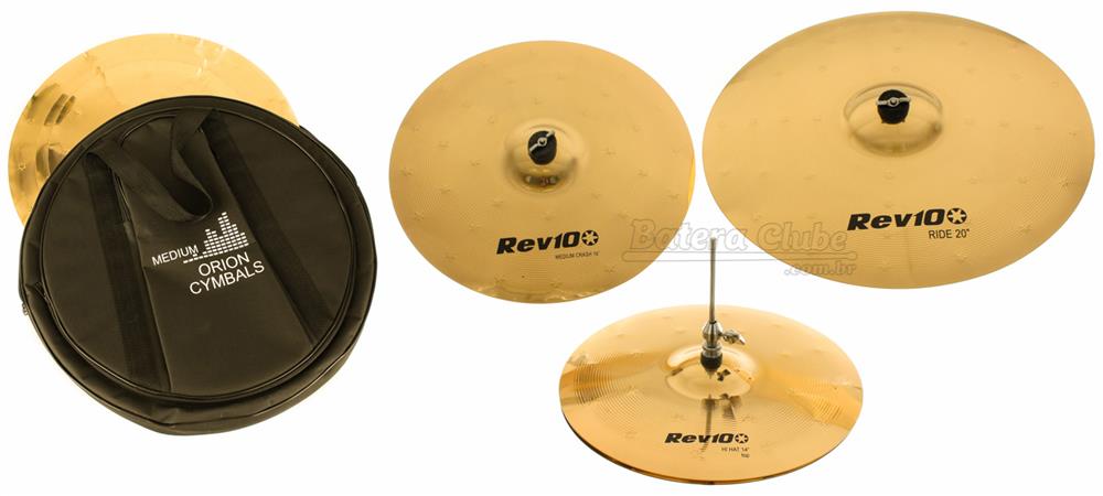 Kit de Pratos Orion Revolution Pro 10 RV70 em Bronze B10 com Crash 16", Chimbal 14", Ride 20" e Bag