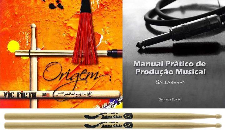 Pack Sallaberry com CD Origem, Livro Manual Prático de Produção Musical e Baqueta Batera Clube 5A