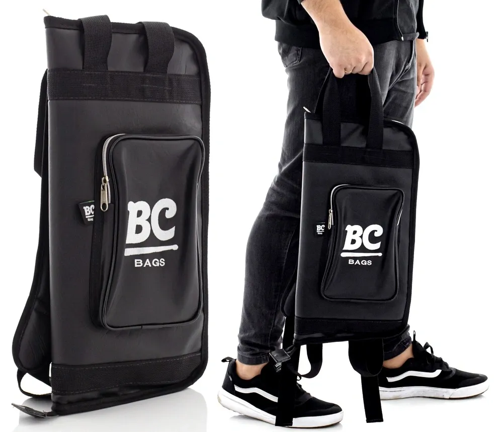 Bag de Baquetas BC Bags Batera Clube Signature Via Black em Eco Couro tamanho médio com alça de mochila