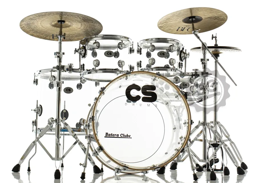 Bateria CS Drums Acrylic Clear 22",10",12",16" com Caixa 14x5.5 e Ferragens duplas com banco