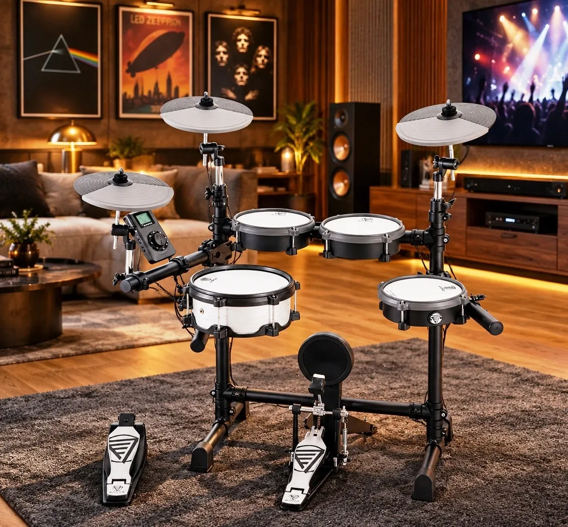 Bateria Eletrônica E-Force Odery EF2-V2 Black Crystal com casco de madeira, peles Mesh e Módulo F10