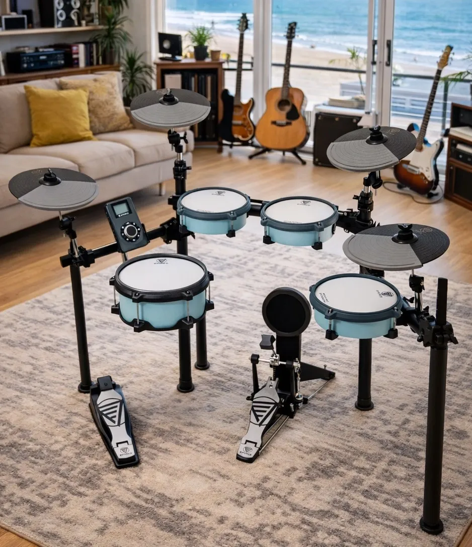 Bateria Eletrônica E-Force Odery EF2-V3 Baby Silver Blue com casco de madeira, peles Mesh e Módulo F10