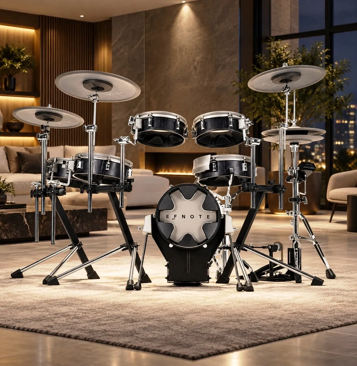 Bateria Eletrônica EFNote 3X Ultimate Rack Tripods, 2 surdos, chimbal real, padrão top Roland Yamaha