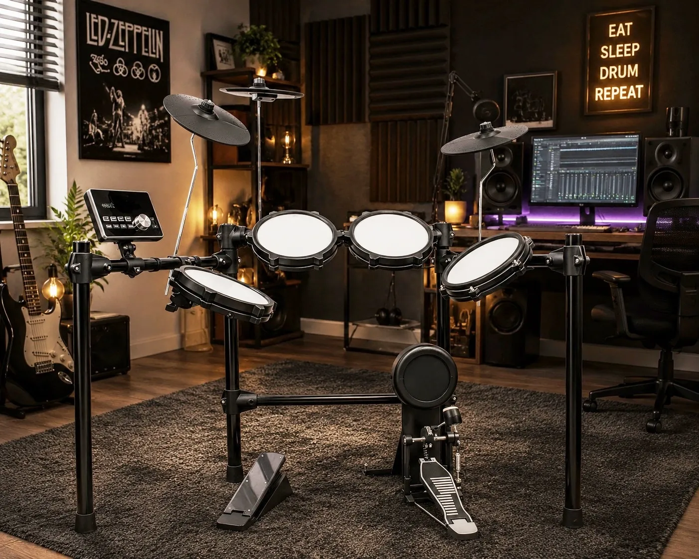 Bateria Eletrônica MXT MDX22FD Pads Mesh Dual Zone, pad de bumbo e pedal, módulo com 30 kits e músicas