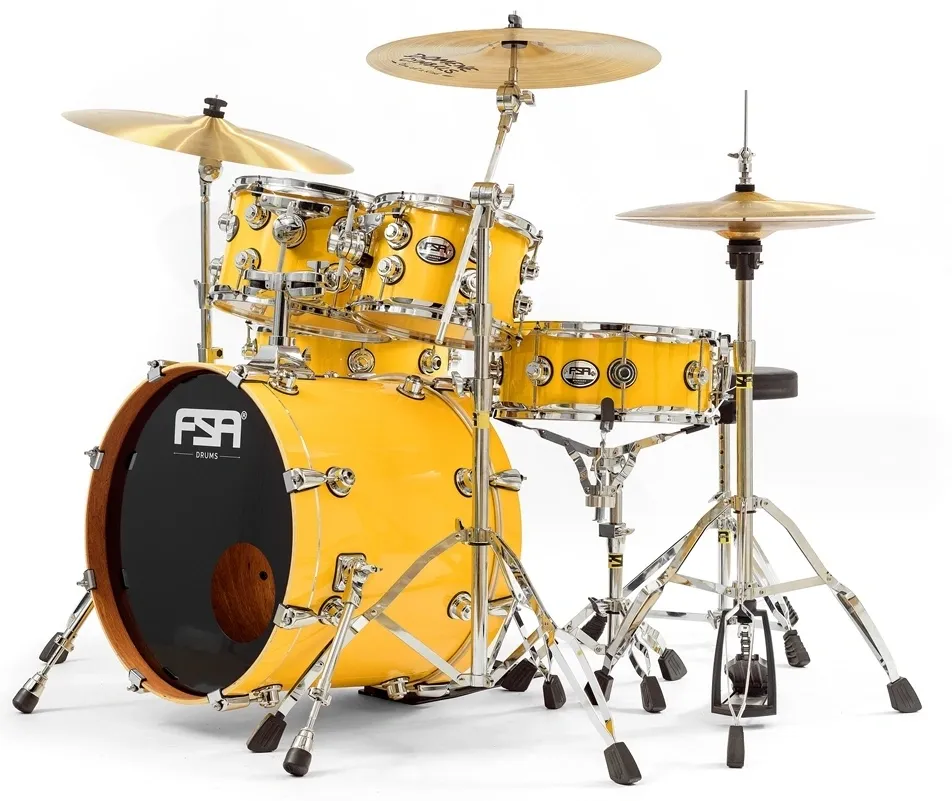 Bateria FSA Standard Mahogany Amarelo 22",10",12",16" com ferragens, banco e peles Remo UC