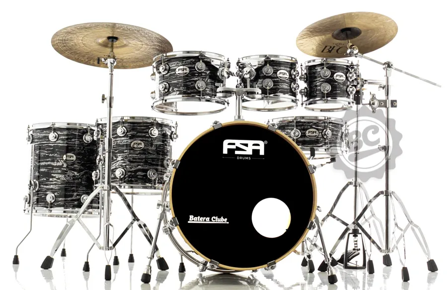 Bateria FSA Standard Mahogany Strata Black Full 22",8",10",12",14",16" com ferragens, banco e peles Remo