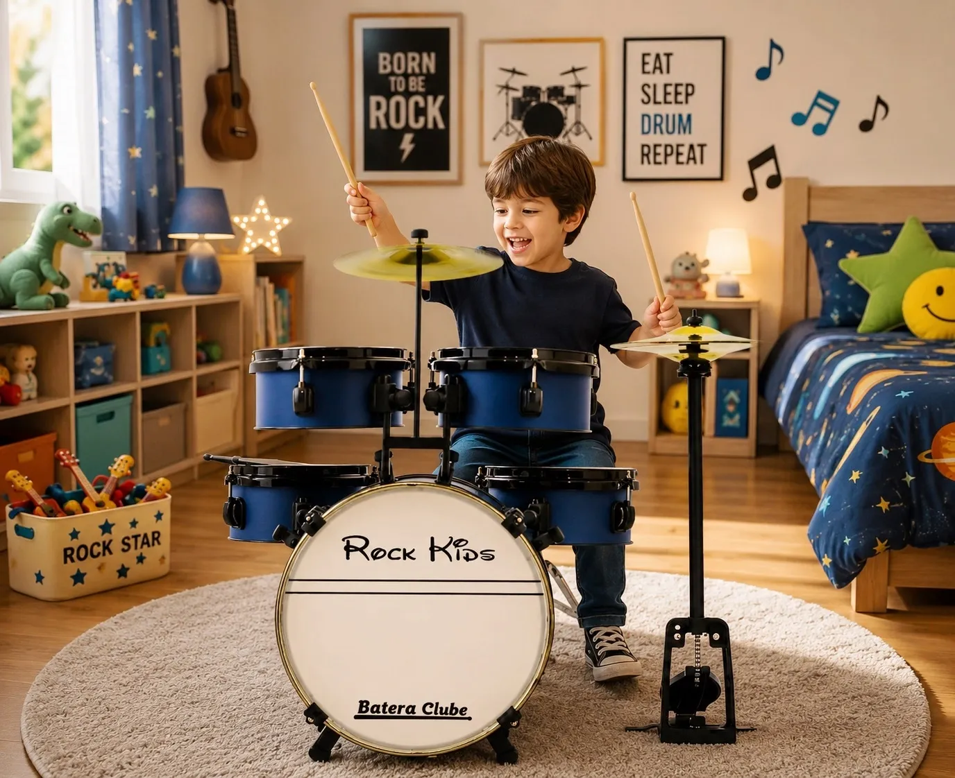 Bateria Infantil RMV Rock Kids Azul completa com pratos, banco, máquina de chimbal e baquetas
