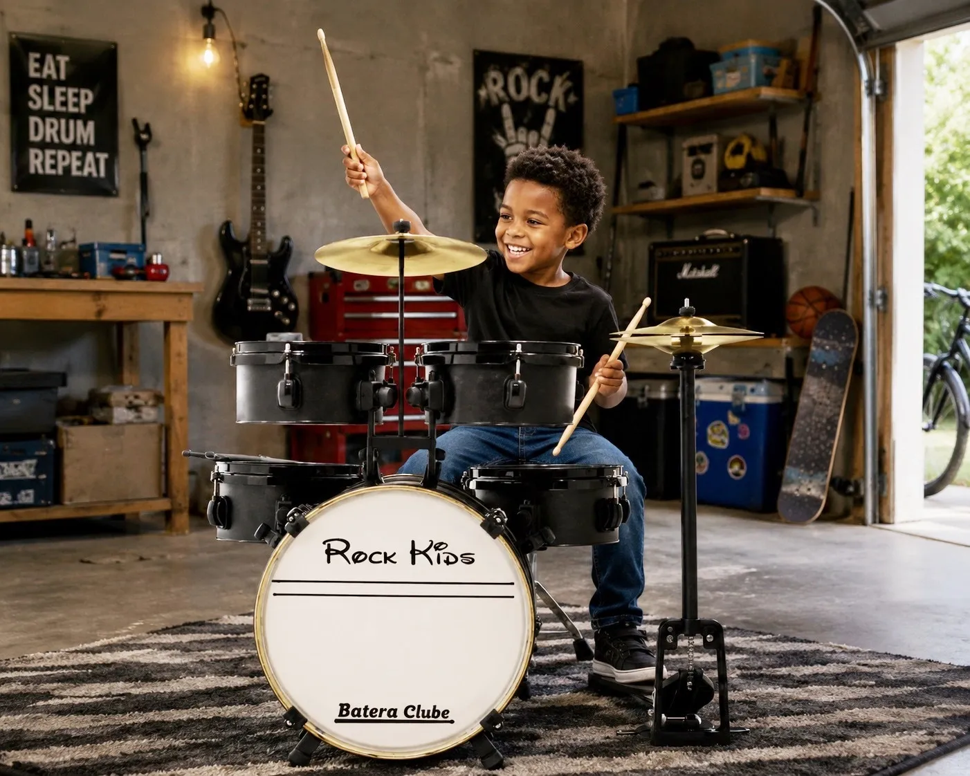 Bateria Infantil RMV Rock Kids Preta completa com pratos, banco, máquina de chimbal e baquetas