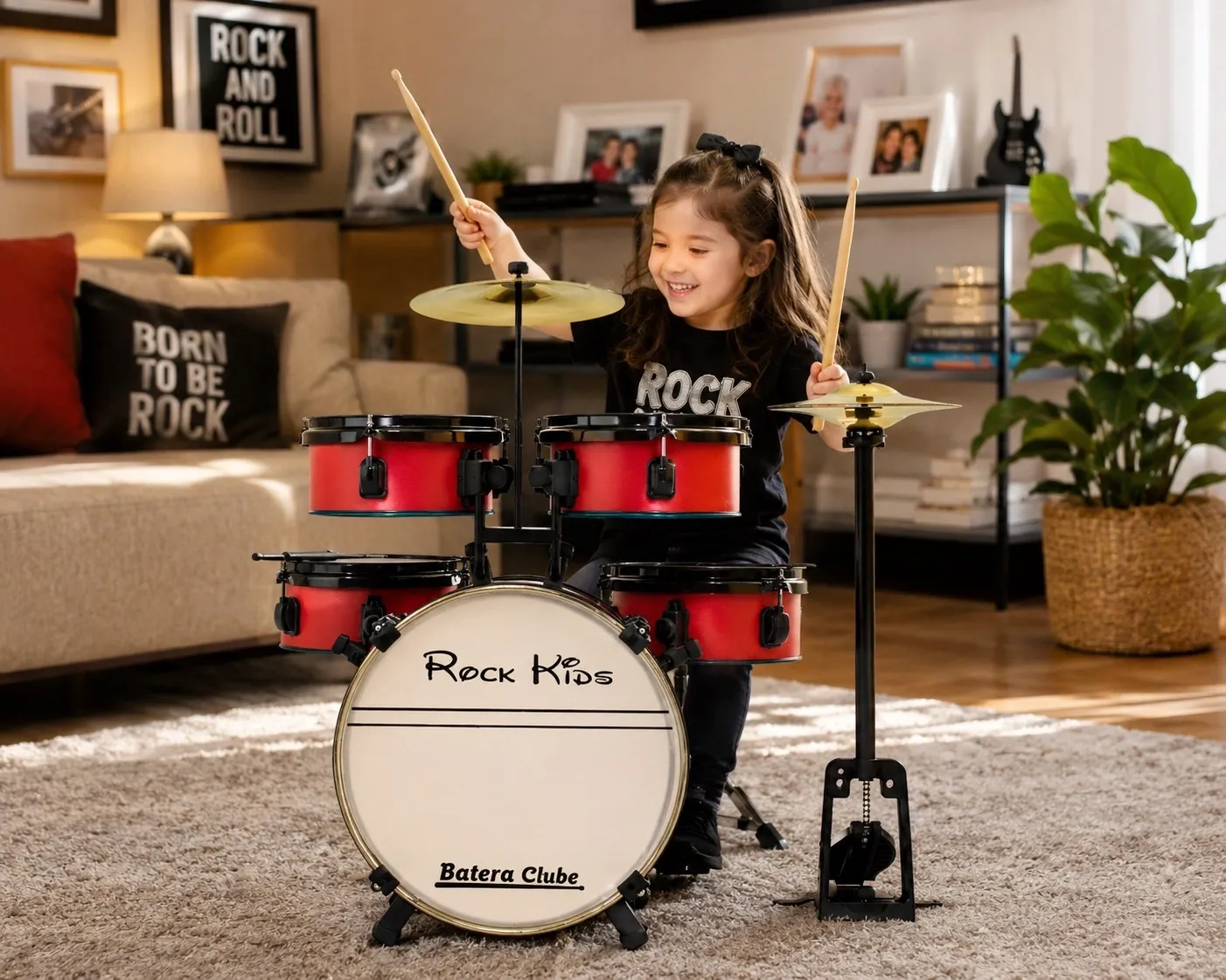 Bateria Infantil RMV Rock Kids Vermelha completa com pratos, banco, máquina de chimbal e baquetas