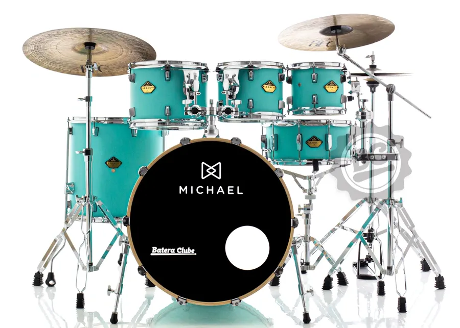 Bateria Michael Legacy Birch Vintage Green VGR 20",8",10",12",14" Ferragens duplas e 2 estantes