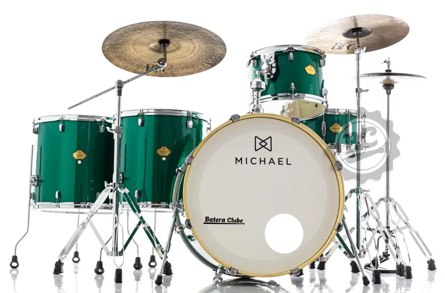 Bateria Michael Legacy Rock Sparkle Green SGR Bumbo 24", tom 13", surdos 16" e 18", caixa e ferragens