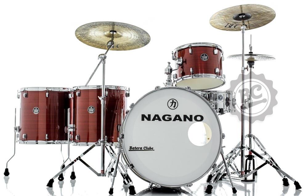 Bateria Nagano LedShip Red Stripe Bumbo 24", tom 13", surdos 16" e 18", Caixa Prophonic e Ferragens