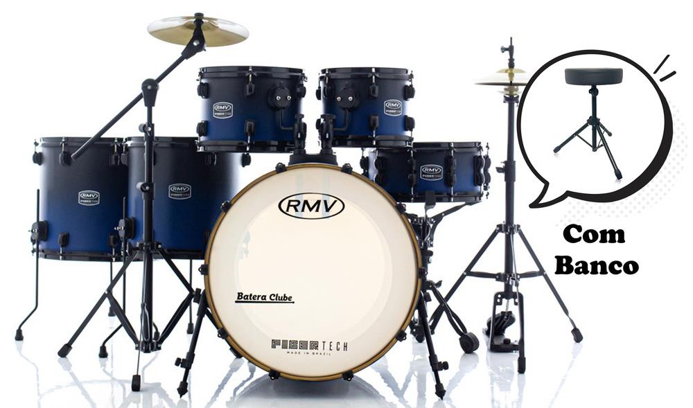 Bateria RMV FiberTech Blue Black Fade 20",10",12",14",16" com Banco, Pratos e Ferragens (Exclusiva)