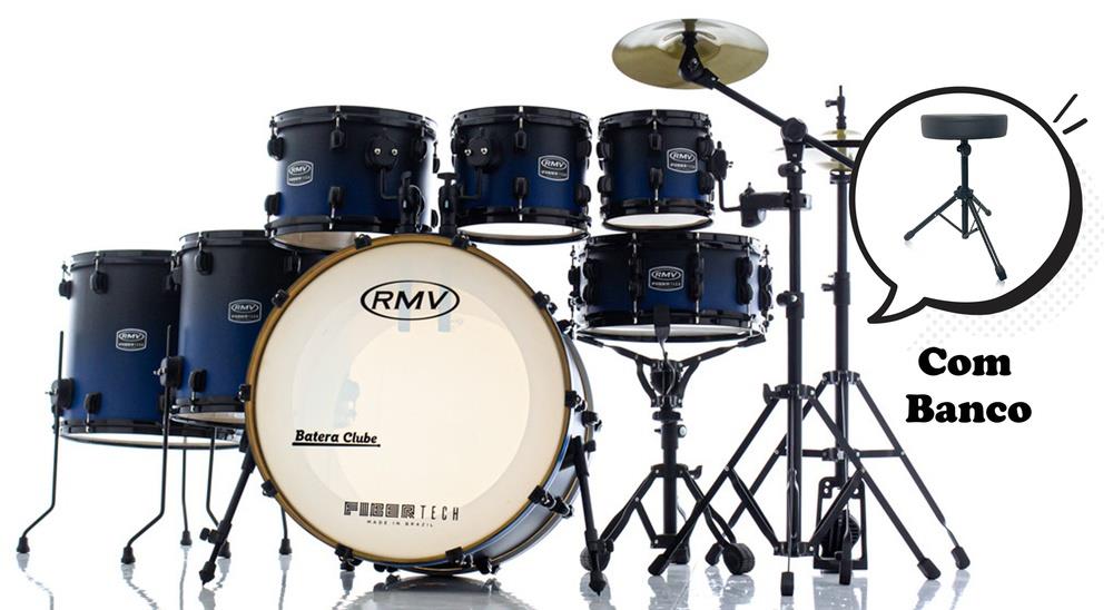 Bateria RMV FiberTech Blue Black Fade 20",8",10",12",14",16" com Banco, Pratos e Ferragens (Exclusiva)
