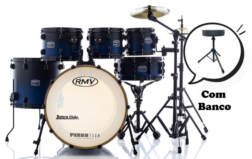 Bateria RMV FiberTech Blue Black Fade 20",8",10",12",16" com Banco, Pratos e Ferragens (Exclusiva)